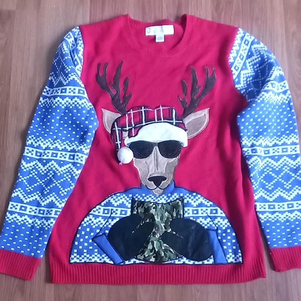 Red and Blue Cardigan with Whimsical Reindeer Design